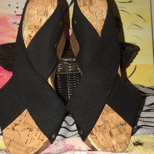 Montego Bay Club black strap wedge w/stud accents.